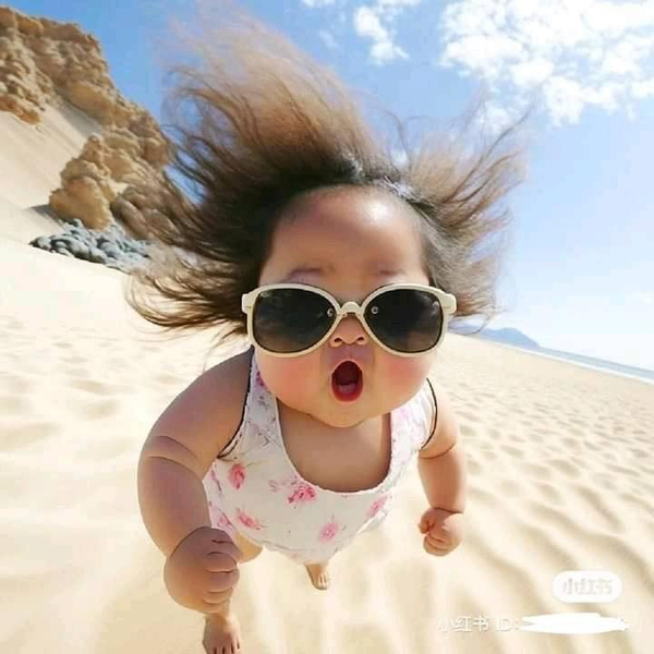 A chubby girl with a round mouth standing in front of a large beach. (Photo: Weibo)