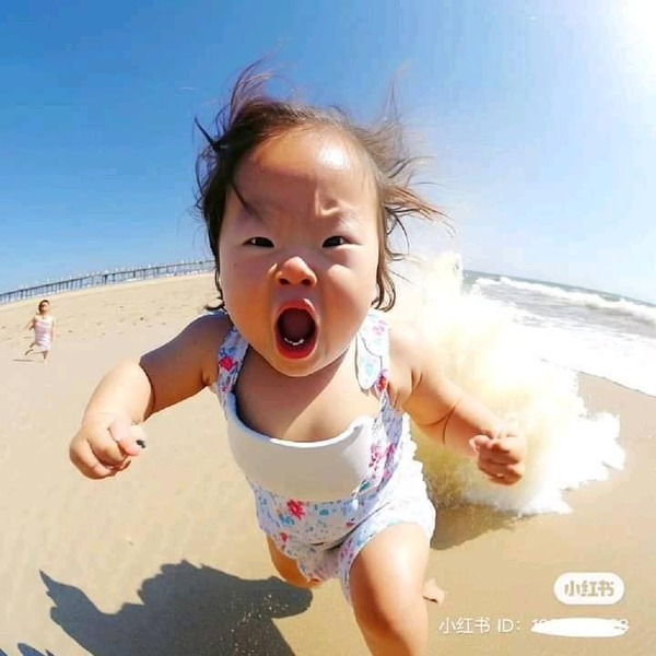 Going to the beach for the first time, the children cannot avoid being surprised and unfamiliar with the waves hitting the shore. (Photo: Weibo)