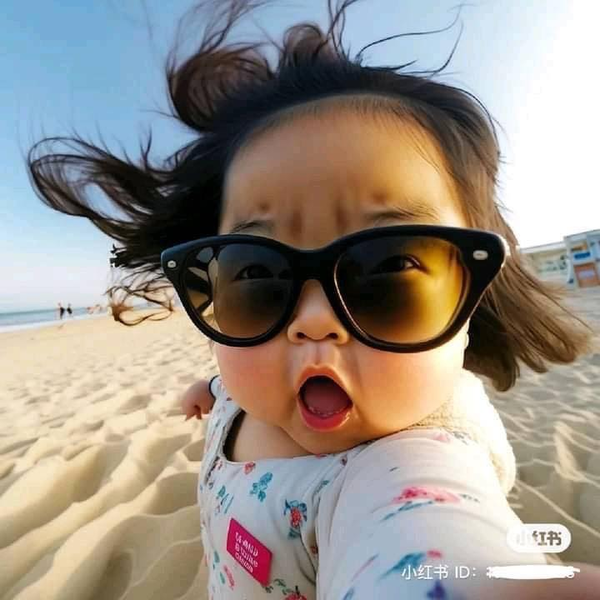 Not only adults, children are also very "quality" and stylish when wearing sunglasses to take pictures by the beach. (Photo: Weibo)